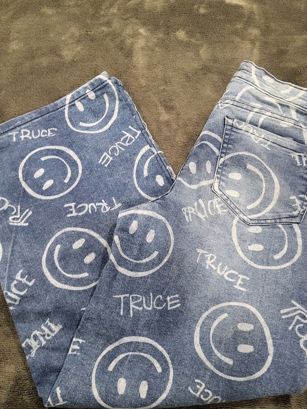 Truce Smiley Print Blue Denim Kid's Jeans - Size 14